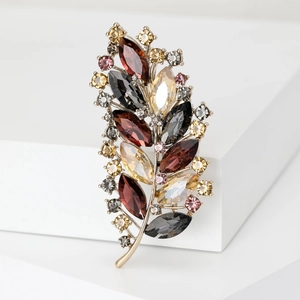 Exquisite crystal feather leaf brooch pin for women suit dress with multicolor rhinestones