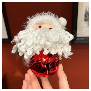 Detail of Santa Claus bell ornament with red metal base and white knitted beard