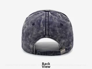 Detail of navy blue washed baseball cap featuring adjustable strap and metal buckle