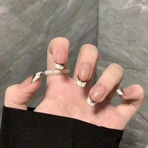 French Bowknot Polka Dot Press On Nails ABS Plastic Square Shape Detachable Sweet Style For Women