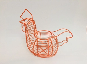 Orange wire-woven hen-shaped storage basket with decorative rooster head and tail