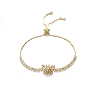 Detailed view of butterfly charm bracelet with sparkling zircons and adjustable slider
