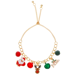 Christmas adjustable gold bracelet featuring snowflake, elk, and Santa Claus charms
