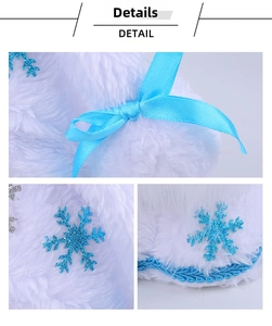 Detail of white plush Christmas gnome with blue snowflake sequins and a silk bow