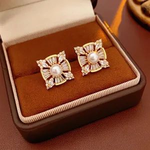 Square Artificial Pearl Stud Earrings With Zircon And Silver Earring Post Vintage Luxury Geometric Copper Jewelry For Women