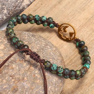 Handmade African Turquoise beaded bracelet with gold stainless steel world map charm