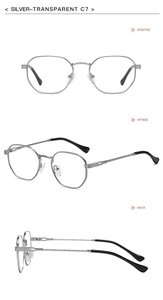 Detail view of silver transparent metal sunglasses showing front and side profile angles
