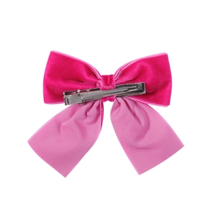 Handmade velvet bow hair clip for girls with rose pink ribbon and silver metal duckbill clip