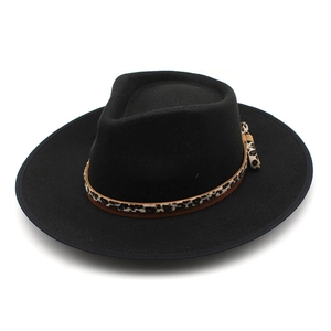 Women Fedora Hat Woolen Felt Wide Brim Leopard Print Band Vintage Jazz Cap Autumn Winter Fashionable