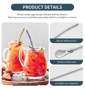 Detail of 304 stainless steel filter straw spoon showing polished edges and filter holes