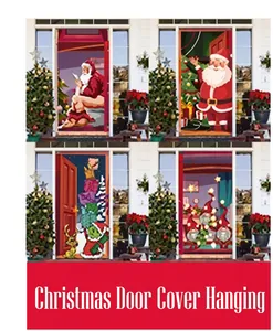 Detail of four festive Christmas door cover hanging banners with Santa and elf patterns