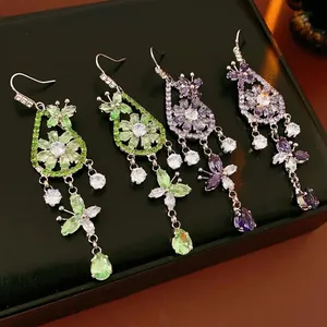 Butterfly Flower Dangle Earrings Copper Cubic Zirconia Long Tassel Elegant Wedding Party Jewelry Women Silver Earring Post