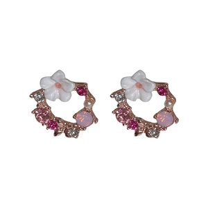 Rose gold flower wreath earrings with pink crystals and white pearls for women