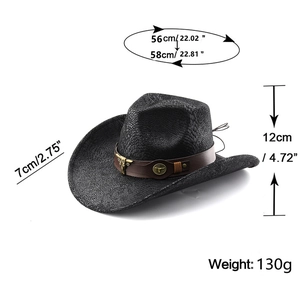Detail showing dimensions of black snakeskin texture cowboy hat with bull head emblem