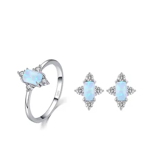 Elegant S925 sterling silver jewelry set with rectangular opal and zircon accents