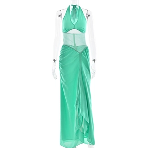 Green halter neck deep V-neck maxi dress with waist cut-outs and asymmetrical hemline