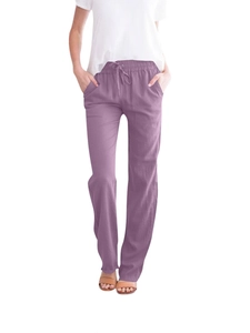 Women's loose cotton linen wide-leg pants in purple with drawstring and pockets