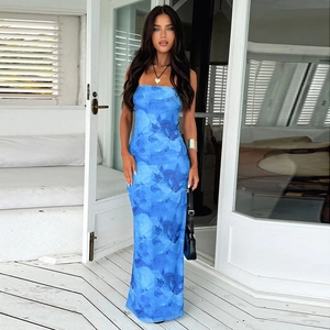 Detail view of a slim fit blue floral tube maxi dress for women in summer resort style