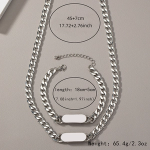 Men's silver Cuban link jewelry set with engravable plates, necklace and bracelet set