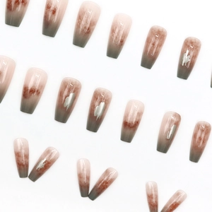 Artistic gradient ballet style press-on nails with silver brush strokes and coffin shape