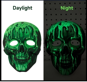 Comparison of skull mask in daylight and green glowing fluid effect in the dark