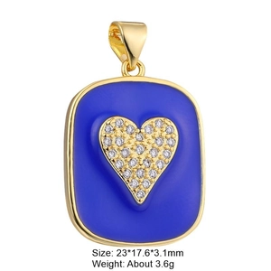 Detail view of gold rectangle pendant with blue enamel heart and zircon inlay dimensions
