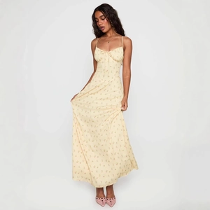 French style yellow floral maxi dress with slim fit and drawstring straps for summer vacation