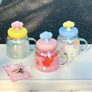 Rainbow glass cloud cups with handles and straws in yellow, pink, and blue sets