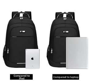 Detail view of large business backpack showing capacity with a laptop and tablet
