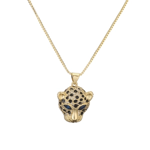 Gold leopard head pendant necklace with blue gemstone eyes and clear crystals