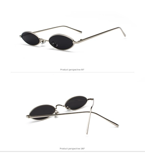 Detailed views of small oval metal sunglasses at 90 and 180-degree perspectives
