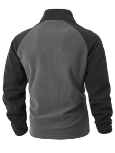 Rear view of tactical fleece hoodie with dark grey and black color-block design