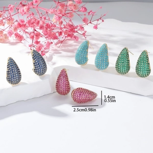 Elegant teardrop pavé stud earrings in four colors displayed with measurements