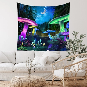 Detail of magical forest wall tapestry featuring glowing mushrooms and starry night backdrop