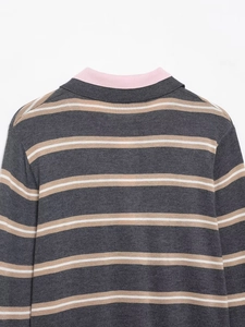 Detail of multi-color striped knit sweater featuring polo collar and soft gray texture