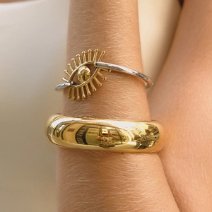 Bracelet œil porte-bonheur en acier et jonc épais doré poli miroir pour femmes