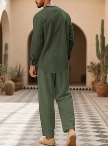 Men's dark green linen cotton outdoor set with long sleeves and pants from back view
