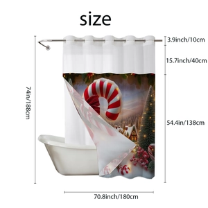 Christmas shower curtain with snowy house and candy cane pattern, 180x188cm with metal hooks