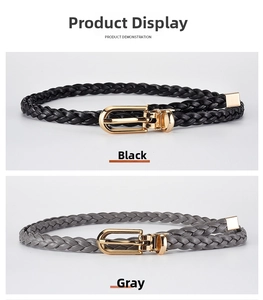 Detailed comparison of thin woven PU leather belts in black and gray with gold U-buckles