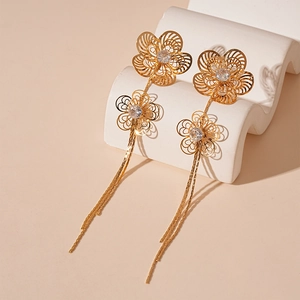 Hollow Flower Long Tassel Drop Earrings Copper Zircon Elegant Gold Plated Jewelry With Silver Earring Post For Women
