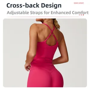 Detail of rose pink yoga set showing adjustable straps and cross-back design for comfort