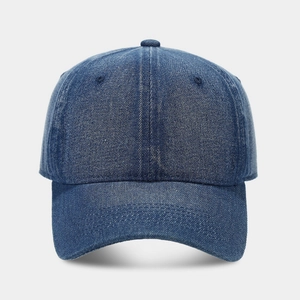 Classic dark blue denim baseball cap with curved brim and six-panel stitching design