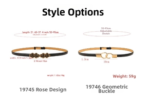 Detail of slim black leather belts with golden rose and geometric buckles for dresses