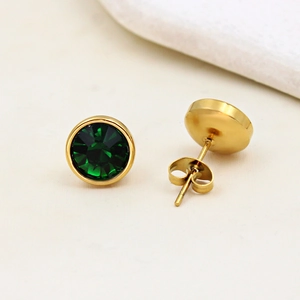Elegant gold titanium steel stud earrings featuring deep green round-cut crystals