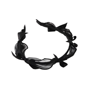 Elegant black satin and mesh bow headband for women featuring a minimalist lace design