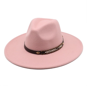 Pink wool fedora hat detail featuring dark brown leather band and gold diamond studs