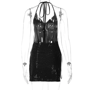 Back view of a black sequin backless halter mini dress with crisscross neck ties