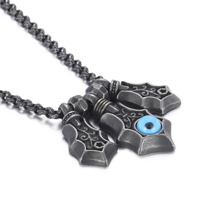 Vintage dark style evil eye shield pendant necklace with textured steel chain and blue bead