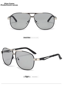 Detail view of silver metal pilot sunglasses with photochromic lenses from two angles