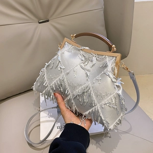 Detail of silver evening bag with sparkling sequins and fringes held by hand